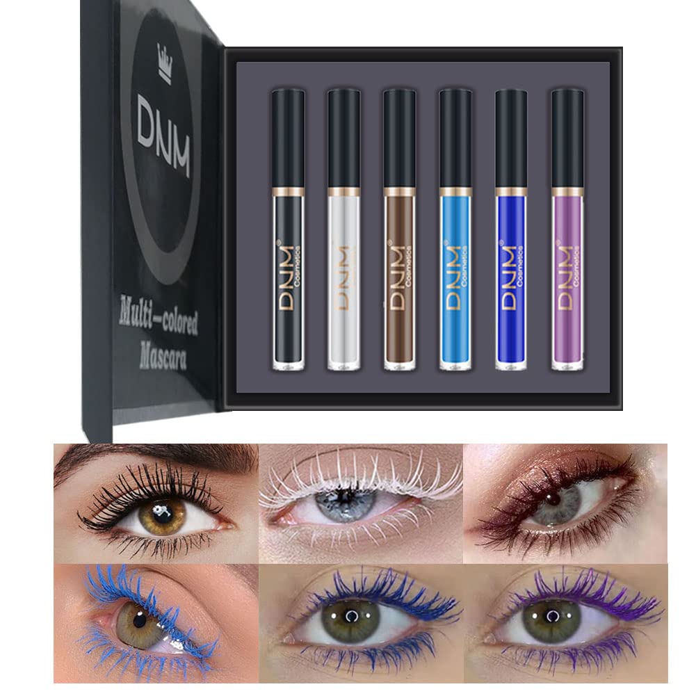 Bunte Mascara Bunte wasserdichte blaue Mascara für Wimpern Set, Weiß Schwarz Braun Lila Lang anhaltende Charming Voluminous Cruelty Free Vegan Eye Makeup (6 Farben)