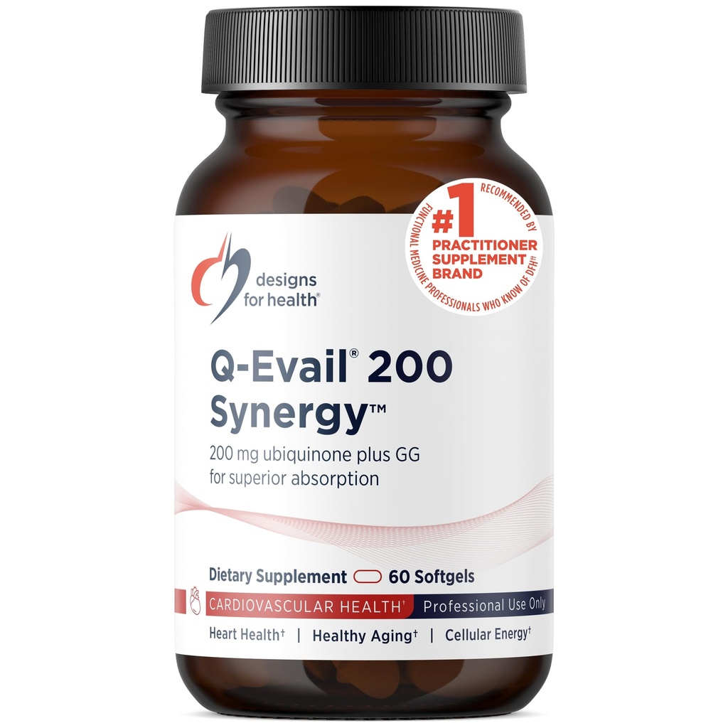 Conceptions pour la santé Q-Evail 200 Synergy – 200 mg CoQ10 hautement biodisponible Ubiquinone + Technologie d'absorption exclusive – Coenzyme Q10 Boost avec GG – Coeur, Vieillissement en santé + Soutien cellulaire (60 Softgels)
