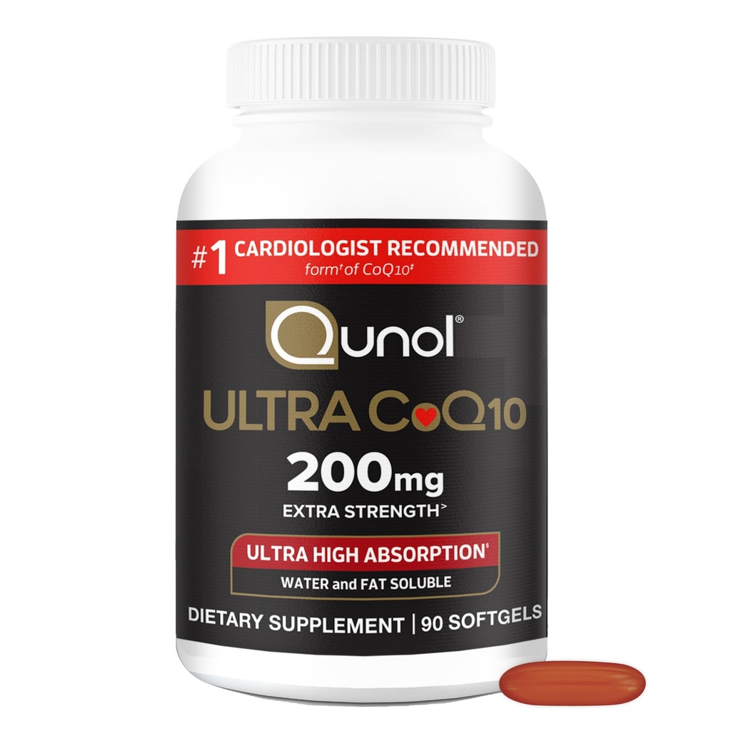 Qunol CoQ10 200mg Softgels, Ultra CoQ10 - Suppléments de Coenzyme Q10 à haute absorption - Supplément antioxydant pour la santé vasculaire et cardiovasculaire et la production d'énergie, 90 Compte