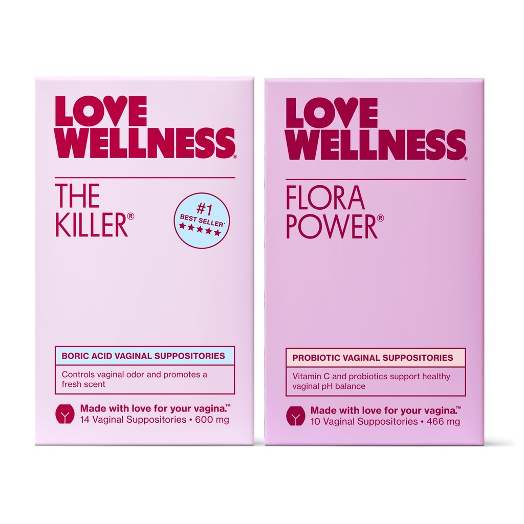 L'amour Bien-être Le Killer & Flora Power (pouvoir) du Duo suppositoire vaginal avec acide borique, probiotiques et vitamine C) soutient l'équilibre du pH, le contrôle de l'odeur et la santé féminine