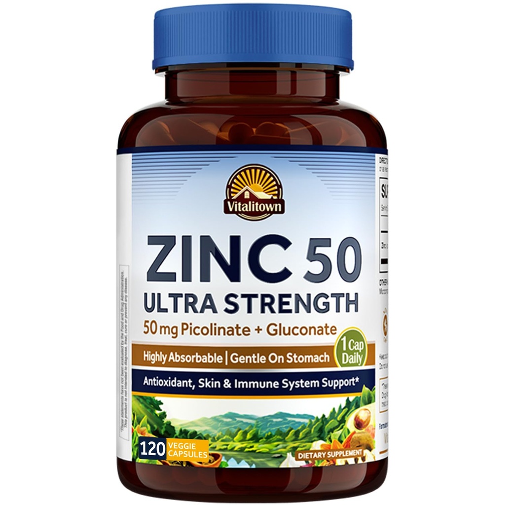 Vitalitown Chelat Zink 50 mg, Zink Picolinat & Gluconate, 120 Veggie Kapseln, gut absorbiert, Immunsystem, Gesunde Haut & Entwicklung, Vegan, Non-GMO