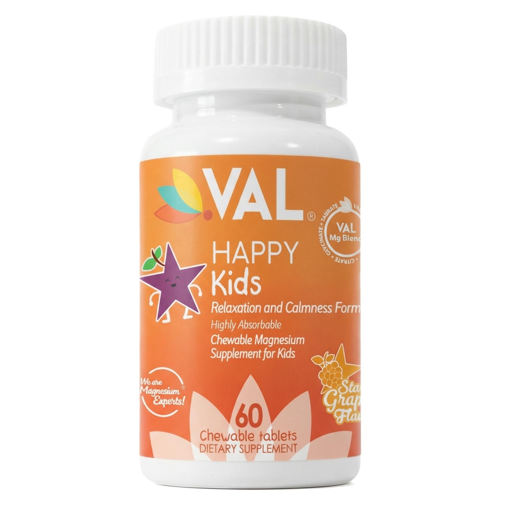 VAL Magnesium für Kinder | High-Absorption Magnesium für Kalorien, Entspannung & Fokus | Mg Glycinate, Citrate & Taurate | mit Vitamin B6, D & C | Zuckerfrei, Non-GMO | 60 Chewable Tablets