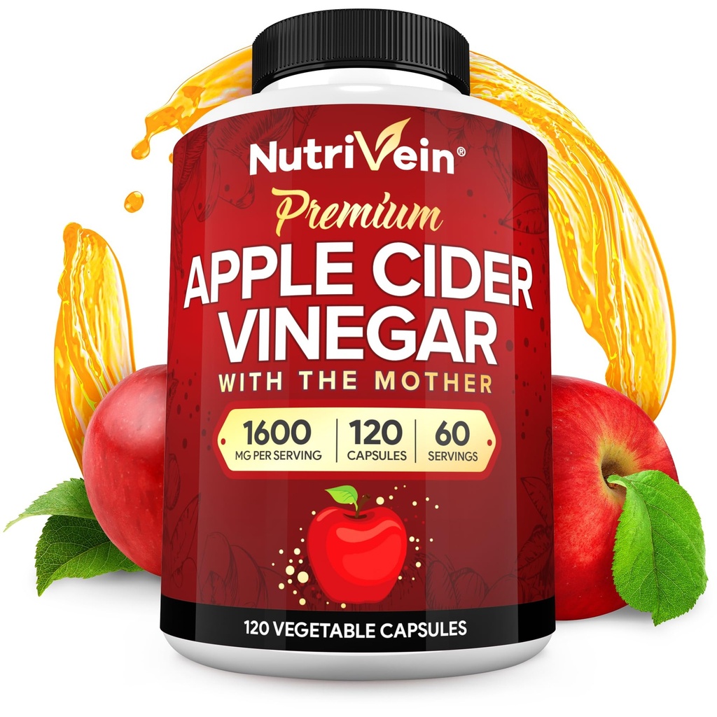 Nutrivein Premium Apfel Apfel Apfelessig Ergänzungen mit Mutter - 1600 mg - 120 Apfelessig Kapseln: ACV Pillen für Verdauung, Keto, Reinigung und Balanced Nutrition