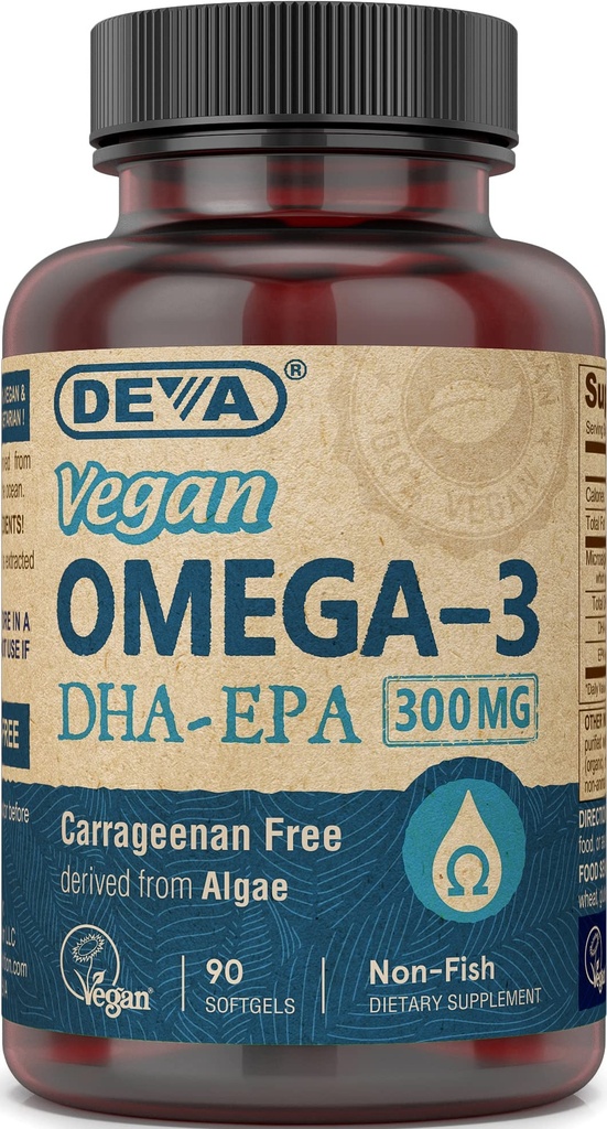 DEVA Vegan Omega-3 DHA-EPA 300MG – Pas de carrageenan, huile non-pêche dérivée des algues, non-OGM, 90 softgels sans gélatine