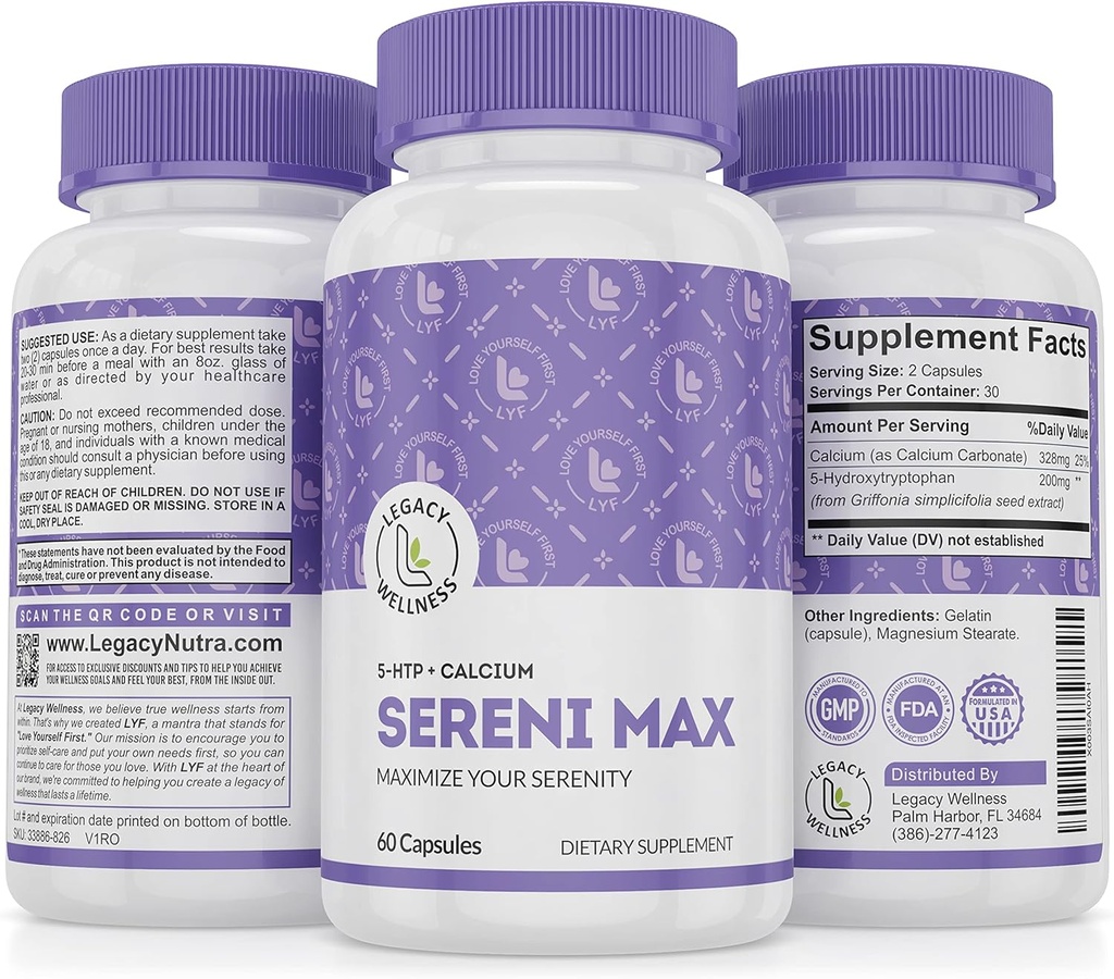 SERINI-MAX - 5-HTP-Mood-Supplement + Calcium - unterstützt ruhige und friedliche Zustand des Geistes - Boost Serotonin, 5HTP 200mg für Stressmanagement & Schlaf-Support-Ergänzungen - 60 Kapseln