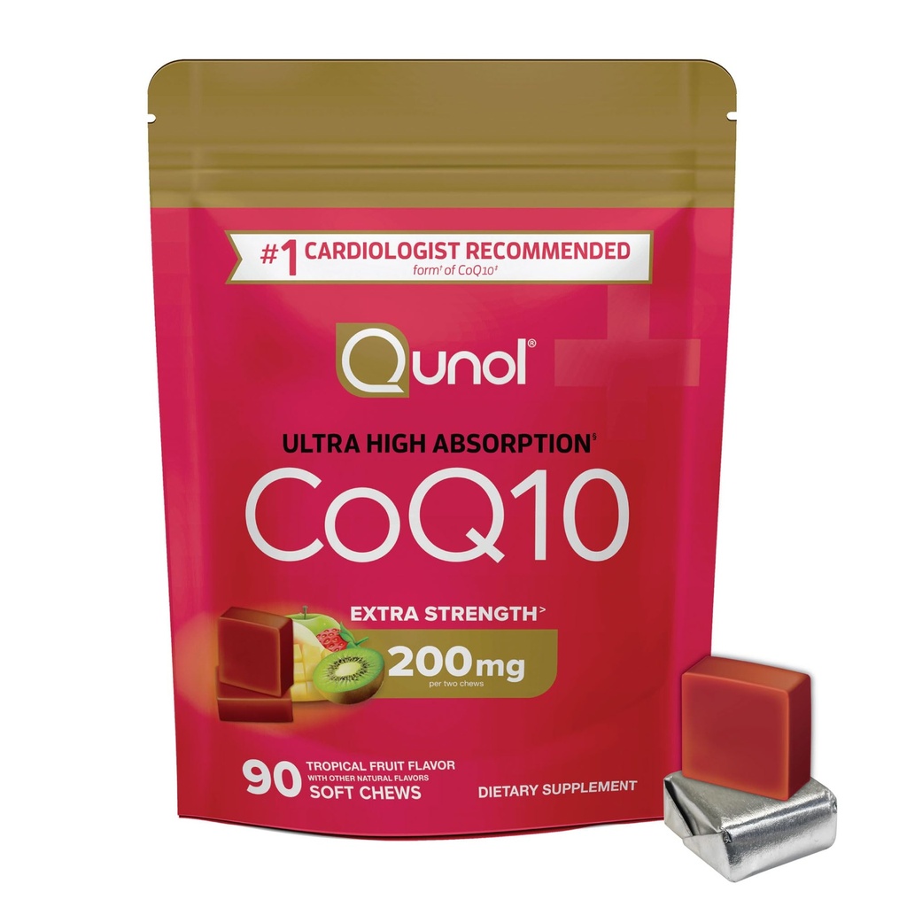Qunol CoQ10 200mg Soft Chews, Extra Strength & Ultra High Absorption Coenzym Q10 Supplement, #1 Cardiologist Empfohlene Ergänzung für Herzgesundheit, 90 Count