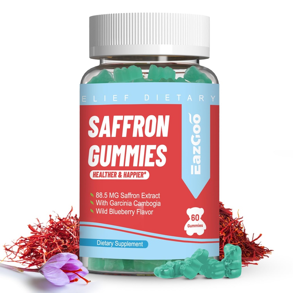 Suppléments de safran Gummies, Extrait de safran pour l'humeur positive et calme Nerve, Boost Energy, avec Garcinia Cambogia, Vitamine A, B12, Rhodiola Rosea - 60 Gummies
