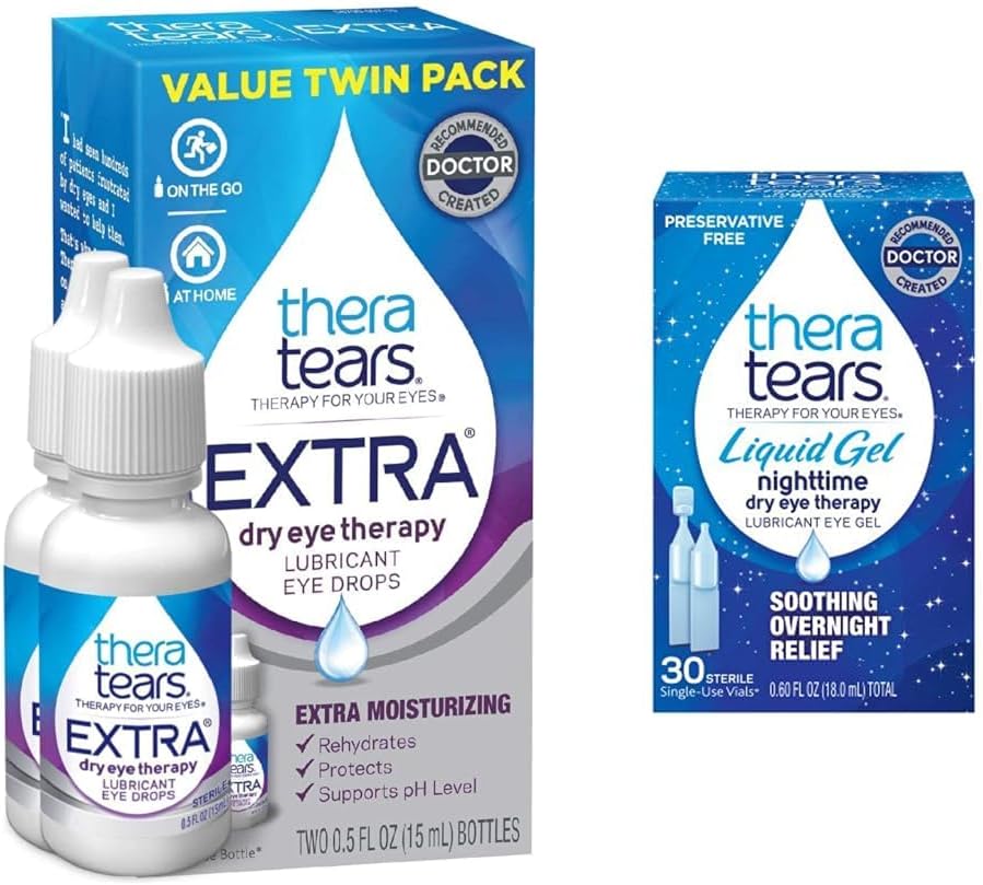 TheraTears Extra Dry Eye Therapy Lubricating Eye Drops für trockene Augen, 0.5 fl oz Bottle, 2 Count(Pack von 1) & Liquid Gel Nachtzeit Schmieren Augentropfen für trockene Augen, Single-Use Vials, 30 Count