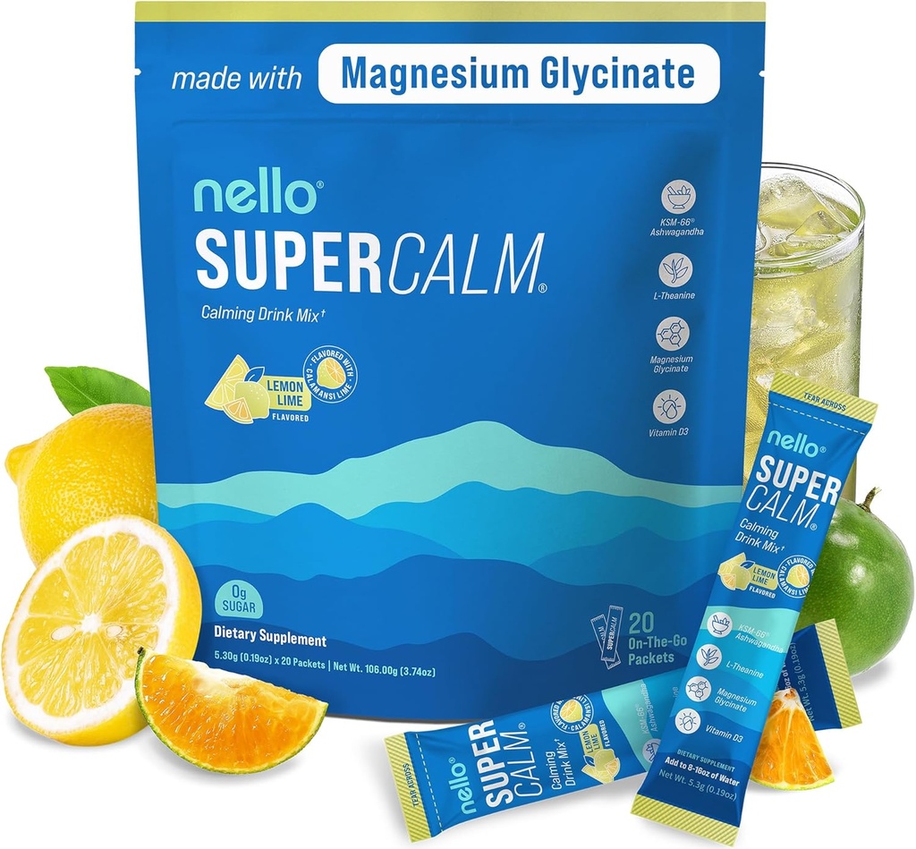 Nello Supercalm Drink Mix - Ashwagandha KSM 66, Magnesium Glycinate & L-Theanine Supplement, Vitamin D3 - Ashwagandha Root Extract - Fokus und Entspannungsunterstützung (20 Travel Packets) - Lemon Lime