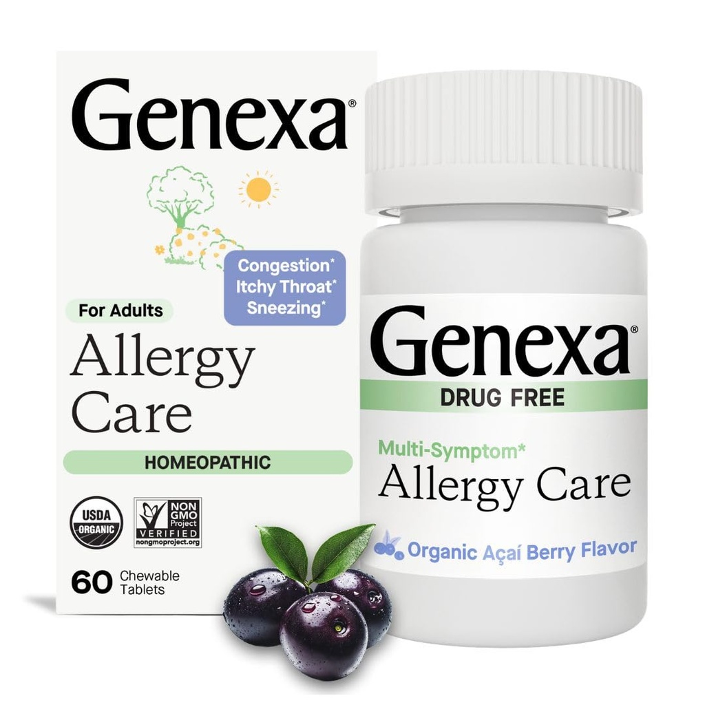 Genexa Allergy Care | Drug Free, Non-Drowsy Allergy & Decongestant Remedy für Erwachsene | Vegan & Non-GMO | Homeopathic Allergy Relief Made Clean | Organic Acai Berry Flavor | 60 Chewable Tablets