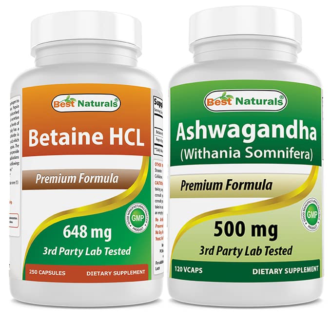 Meilleure bétaïne naturelle HCL 648 mg et extrait d'Ashwagandha 500 Mg
