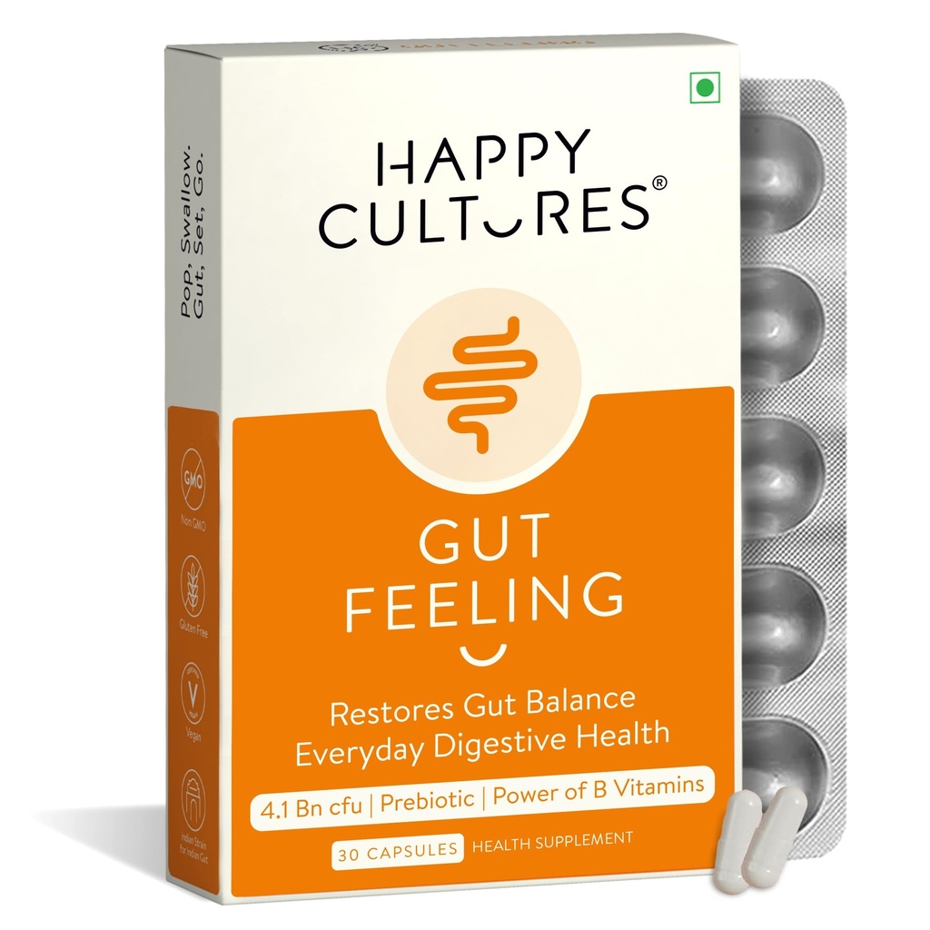 Happy Cultures Gut Feeling Supplément de digestion Mélange unique de probiotiques pour la santé quotidienne digestive B-Vitamines Gut Supplément de santé pour Bloating, IBS, Digestion testé cliniquement - 30 gélules