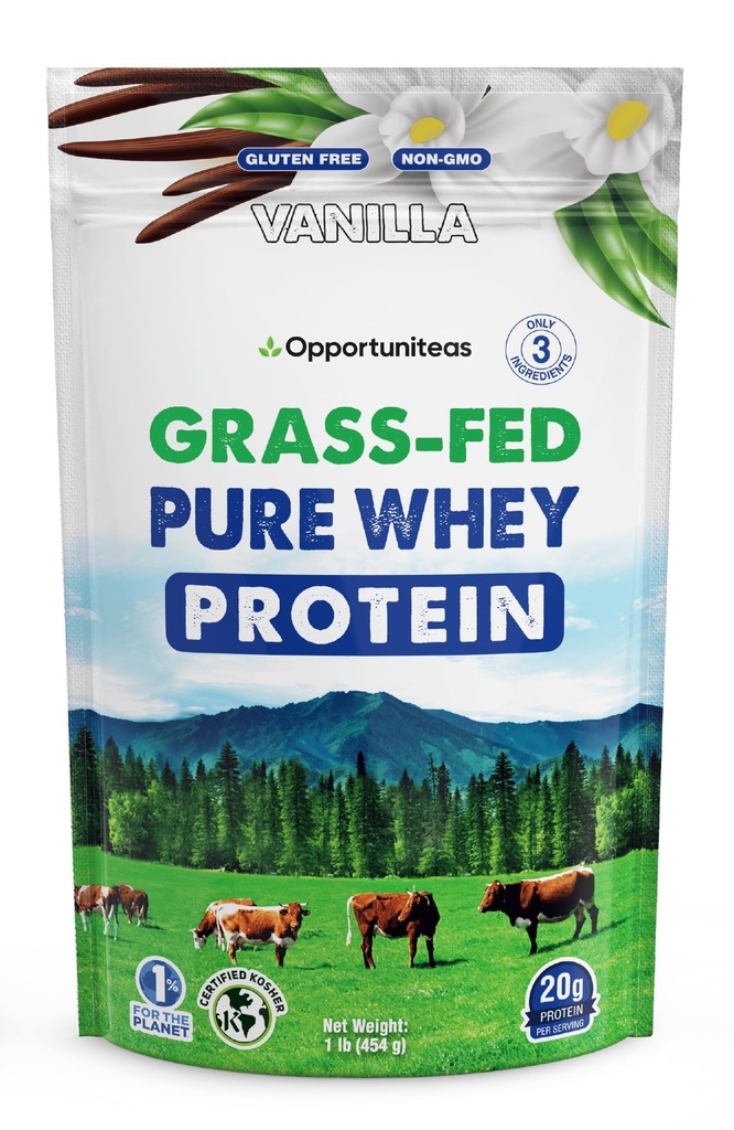 Opportuniteas Grass Fed Whey Protein Powder Concentrate - Vanille - Pure Protein Supplement - Non GMO, Hormon Free & Gluten Free - 1lb