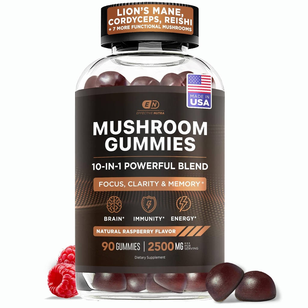 Effektive Nutra Mushroom Gummies 2500mg - 10in1 Lion's Mane, Reishi, Chaga, Cordyceps & More - Focus, Clarity, Memory, Immunity, Energy - Natural Raspberry Flavor, Vegan, Made in USA (90 Count)