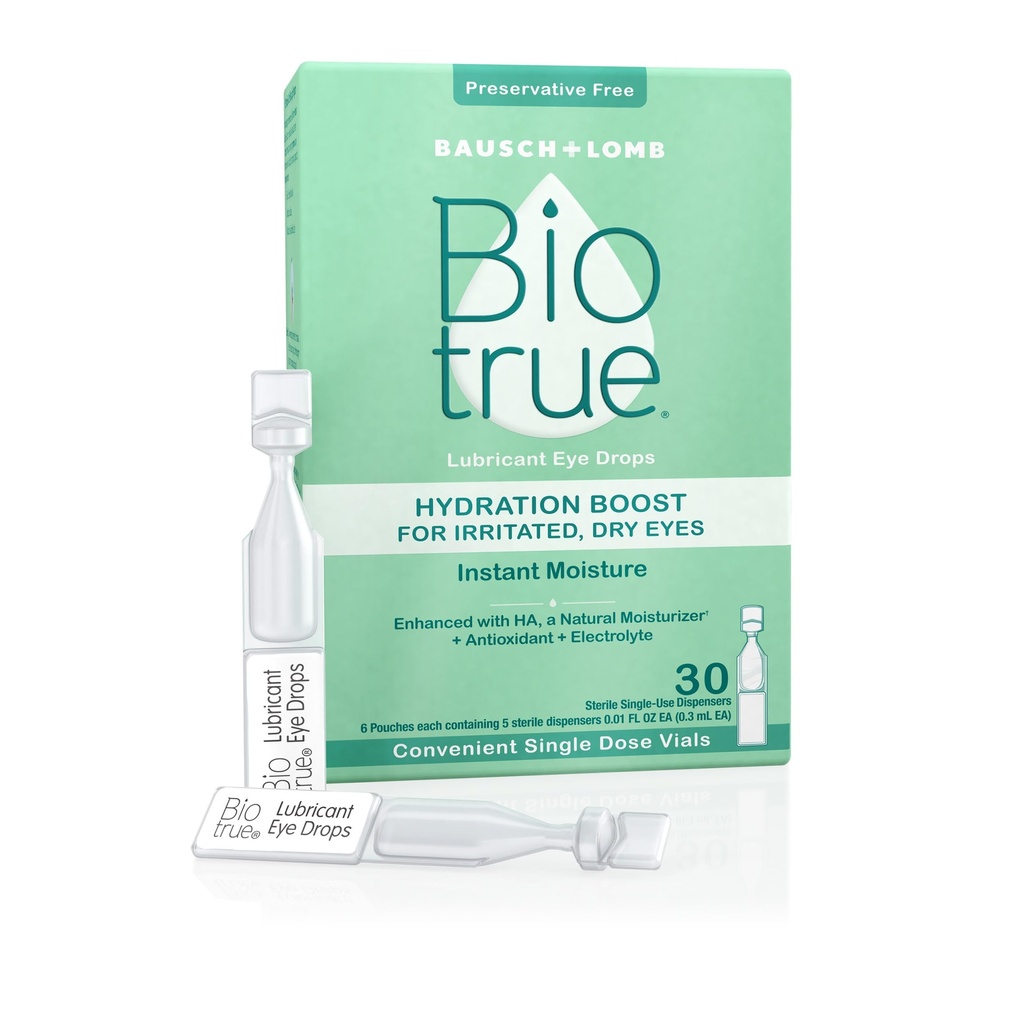 Biotrue Hydratation Boost, gouttes oculaires sans réserve pour les yeux secs, Hydratant instantanément, Réhydrate, Contact Lens Friendly, Rafraîchir et soulager l'irritation des yeux, 30 Viales à usage unique (paquet de 1)