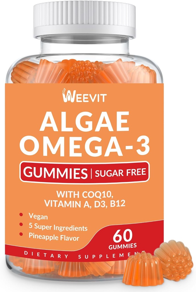Sugar Free Omega 3 Gummis, Algae Omega 3 Supplement für Erwachsene,Omega 3 DHA 240mg, EPA 110mg w/Vitamin B12,CoQ10