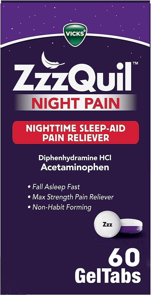 ZzzQuil Night Pain GelTabs, Nighttime Pain Relief, Schlafhilfe Tabletten, Diphenhydramin HCl und Acetaminophen, No.1 Schlafhilfe Marke, Max Strength Pain Reliever, 60 GelTabs