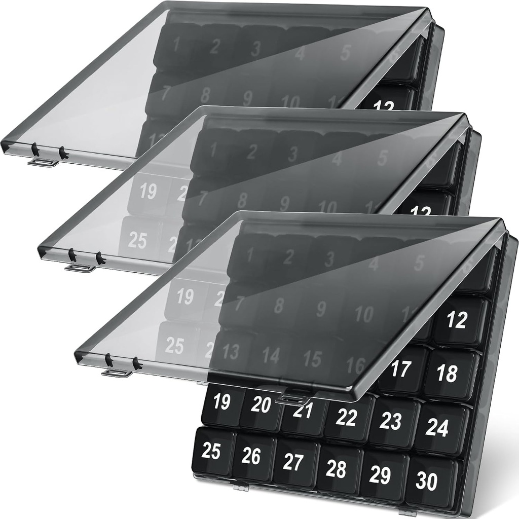 Bokon 3 Stück Monatliche Pille Organizer - 30-Tage-Medizin-Box, 4 Wochen Aufbewahrungsbehälter, Einmal ein Tag-Medizinspender für Reisen, Schwarz