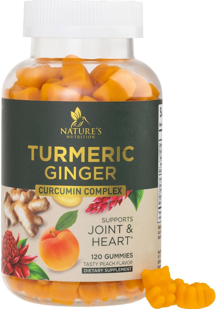 Supplément curcumin curcumin curcuma - 95% Curcuminoides avec curcuma et gingembre, poivre noir pour la meilleure absorption, soutien de joint végétalien de la nature, non-OGM, sans gluten, goût de pêche savoureux - 120 Gummies
