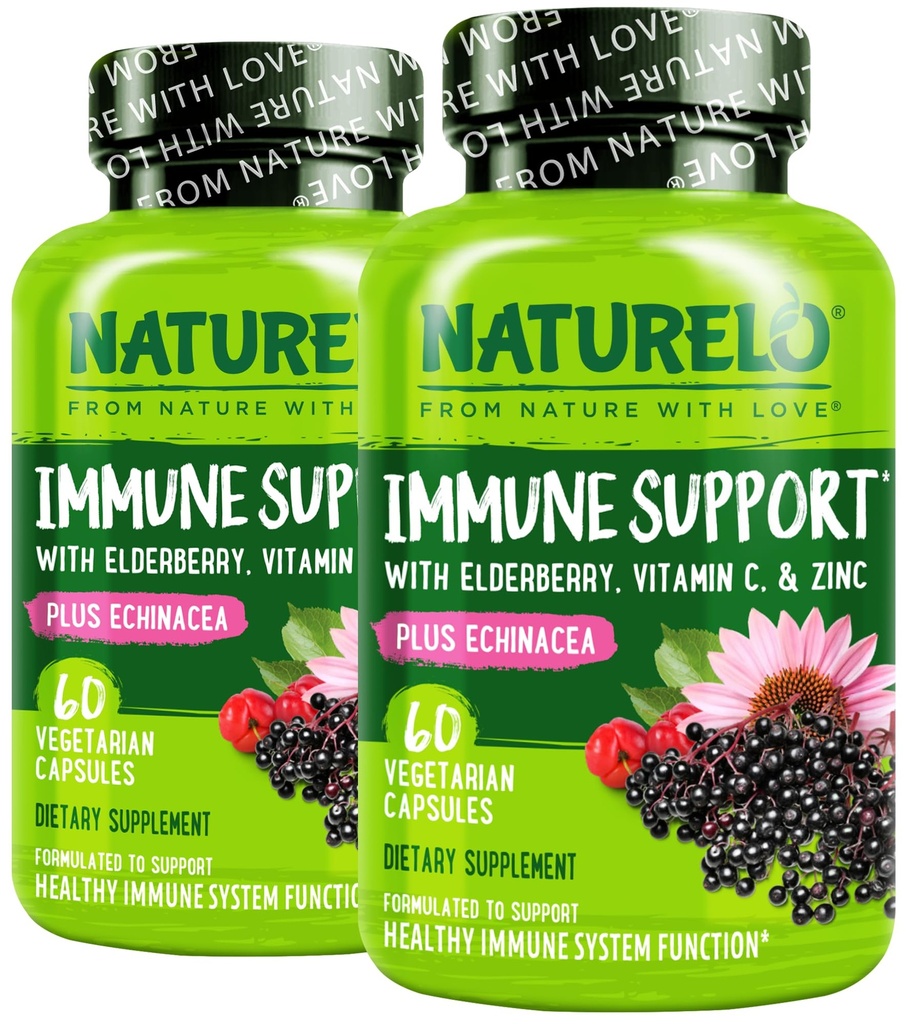 NATURELO Immununterstützung Vitamin C, Elderberry, Zink, Echinacea Natürliche Immunität Boost w/Antioxidant, Kräuter & Mineral Defense - 60 Vegan Kapseln (Pack von 2)