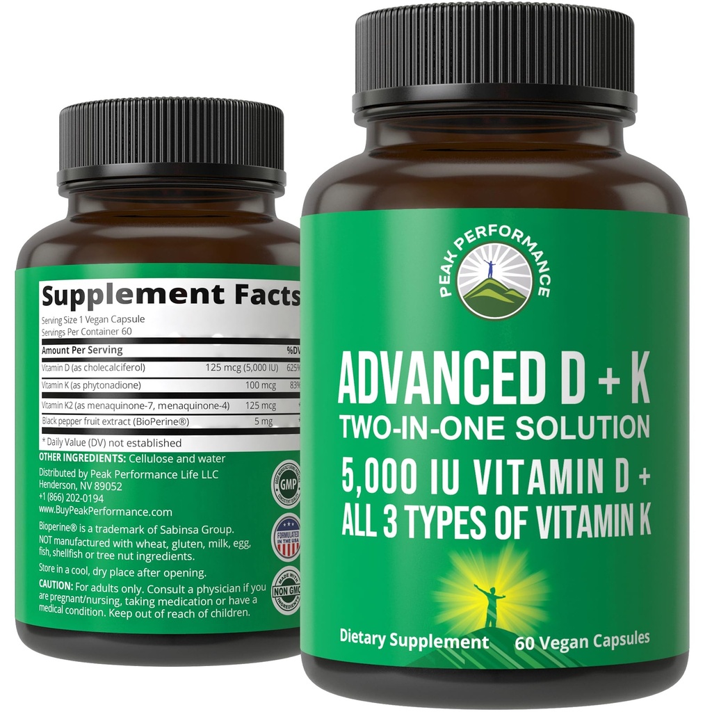 Spitzenleistung Fortgeschrittenes Vitamin D 5000 IU mit allen 3 Arten von Vitamin K Vitamin D3 und Vitamin K2, K1, MK-7 (MK7), MK4 Nahrungsergänzung - 60 Klein und einfach zu schlucken Gemüse Pillen