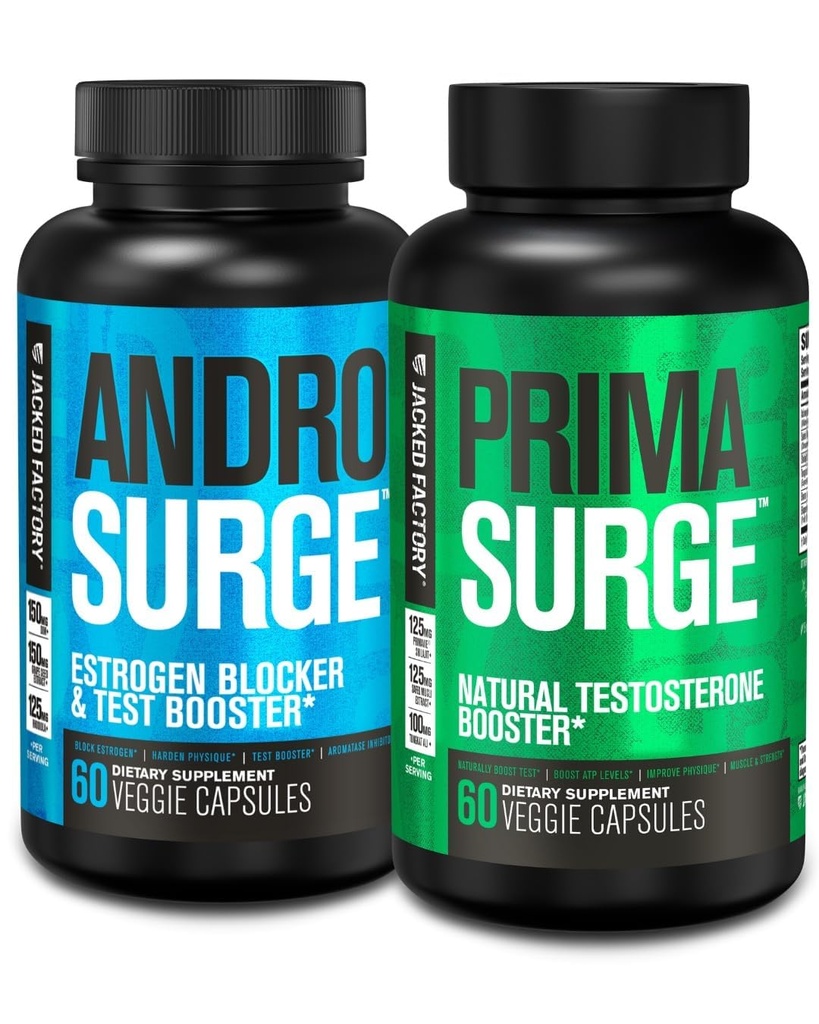 Jacked Factory Testosterone Booster for Men | Estrogen Blocker with Tongkat Ali - Androsurge Anti-Estrogen + Primasurge Natural Test Booster - for Muscle Growth, Vitality, Energy, 30 Day Supply