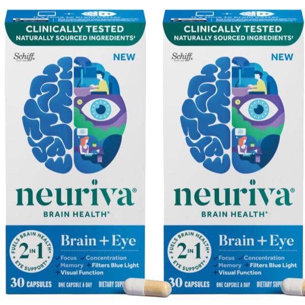 NEURIVA Gehirn + Augenergänzung für Gedächtnis, Fokus & Konzentration mit klinisch getestetem Lutein und Zeaxanthin, Vitamine A C & E + Zink für Augengesundheit & Filter Blaues Licht 30 Zähler Kapseln (2 Packung)