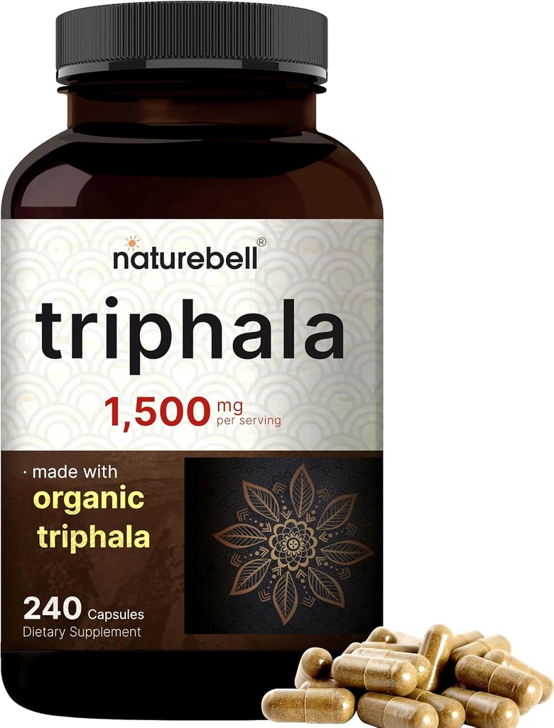 NatureBell Triphala Kapseln Ergänzung, 1.500mg pro Servieren | Hergestellt mit Bio Amla, Bibhitaki, Haritaki Fruchtpulver – Unterstützt Verdauungsgesundheit – Doppelkraft, Non-GMO