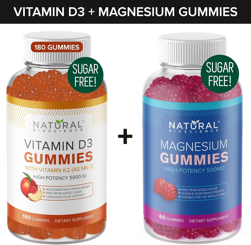 Zuckerfreie Vitamin D3 K2 Gummie (180 Gummie) und Zucker freie extra Stärke Magnesium Gummie (60 Gummie), Vitamin D3 Gummie 5000 IU+K2 MK7 80 mcg, Magnesium Citrate Gummis 500 mg