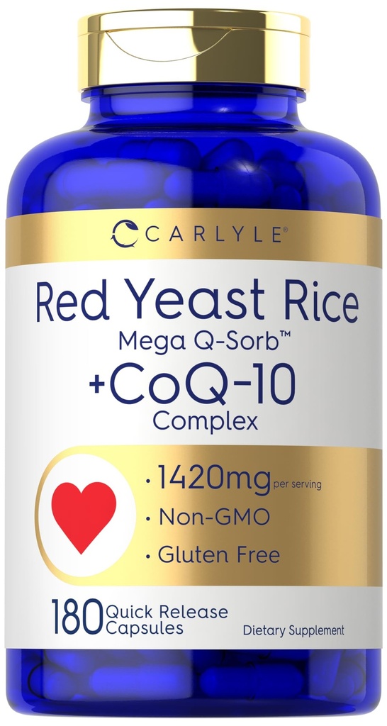 Riz de levure rouge de Carlyle avec complexe CoQ10 1420 mg 180 Capsules Mega Q-Sorb , Supplément sans gluten