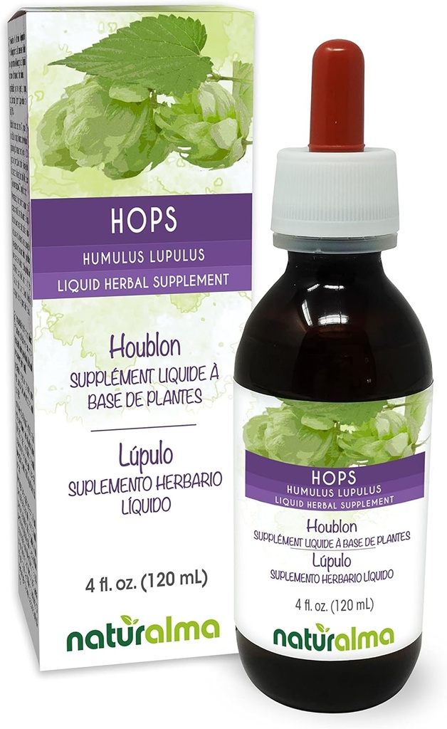 Naturalma Hops (Humulus lupulus) Strobilus oder Cone (Female Flowers) Alkoholfreie Tinktur - 4 fl oz Flüssiger Extrakt in Tropfen - Kräuterergänzung - Vegan