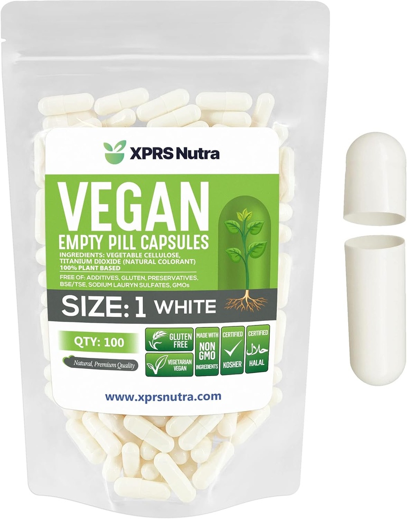 XPRS Nutra Größe 1 Leere Kapseln - 100 Count Leere Vegan Kapseln - Vegetarische Pillen - DIY Gemüse Kapsel Füllung- Veggie Pillen Kapseln für Do-It-Yourself Ergänzungen (Weiß)