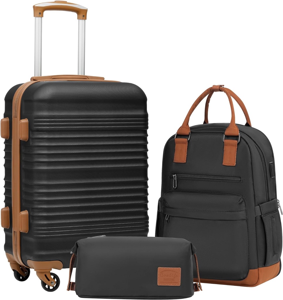 Ensemble de bagages Coolife Ensemble de bagages 3 pièces Transporter sur la valise Bagage sur le côté dur avec roues à vis TSA (noir, ensemble de 3 pièces (BP/TB/20))