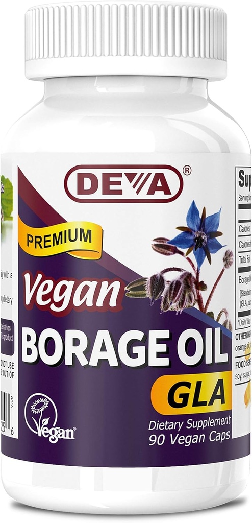 Vitamines véganes de Deva, huile de fourrage 500mg, source riche d'acide gras oméga-6 GLA (acide linolénique gamma), pressé et non raffiné à froid, 90 comprimés, 1-pack