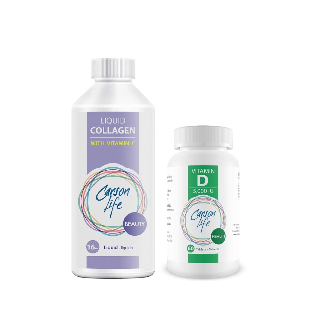 CARSON LIFE - flüssiges Kollagen mit Vitamin C 1 Flasche, 16 Oz Bundle mit Vitamin D Ergänzung 1 Flasche, 10.000 IU, 60 Tabletten für starke Muskeln, Knochen, Zähne, Anti-Aging, Haar Haut und Nägel