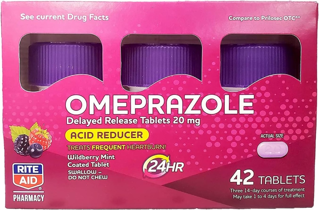 Rite Aid Säure Reducer Omeprazol Delayed Release Tablets - 20 mg, 3 Flaschen, 14 Zählen Jeder (42 Zählen Gesamt), Wildberry Mint Flavor, Sodbrennen Relief, Sodbrennenmedizin, Treats Frequent Sodbrennen