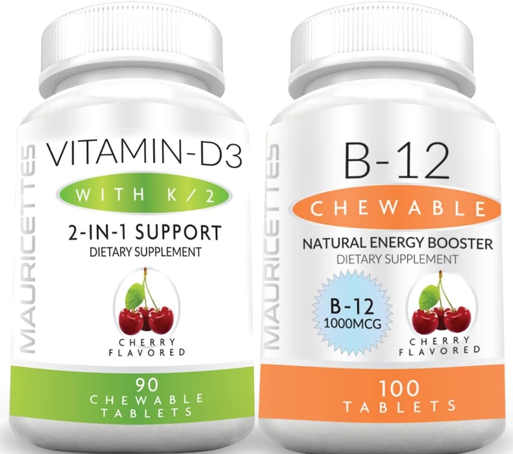 Mauricette Kaubares Vitamin D3 mit K2 & Kaubares Vitamin B12 1000 mcg Energie und Immununterstützung Bundle