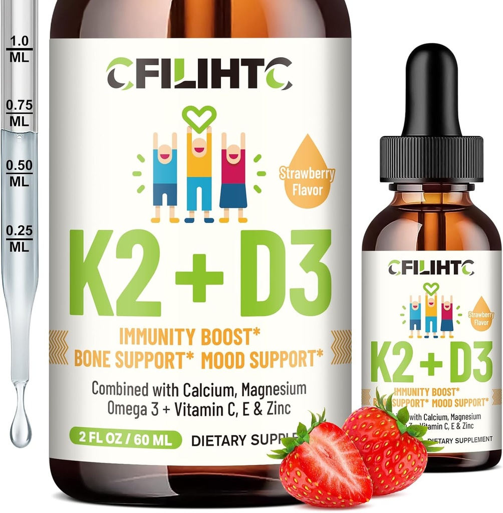 Vitamin D3 K2 Tropfen für Kinder - Omega 3, Vitamin E, Calcium, Magnesium & Zink für bessere Absorption - Flüssigkeit MK7 1000 IU D3 für gesunde Knochen, Zähne & Herz Unterstützung - Non-GMO, 2 Fl Oz