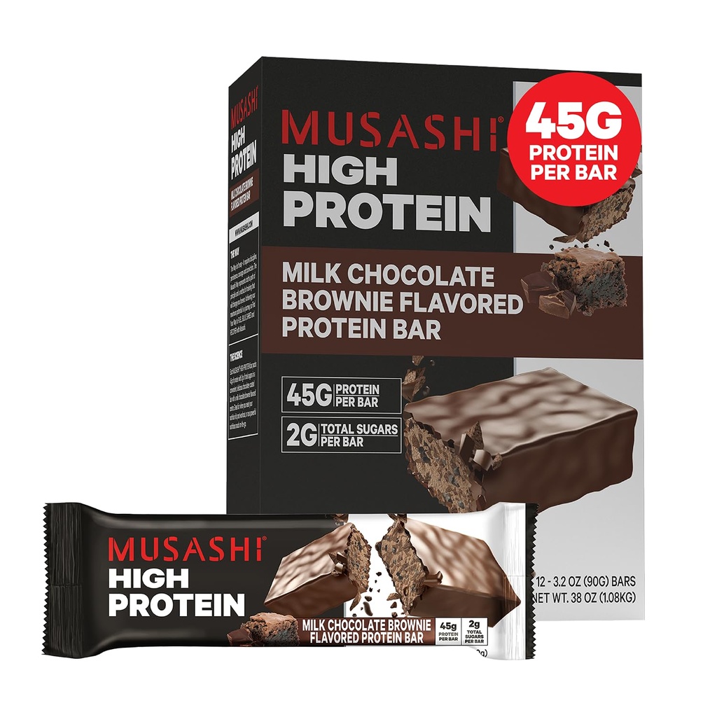 MUSASHI High Protein Bar, 45g Protein, 2g Gesamtzucker, Milch Schokolade Brownie, Post Workout und Protein Snack On The Go, 12 Packung 3,2oz (90g) Bars