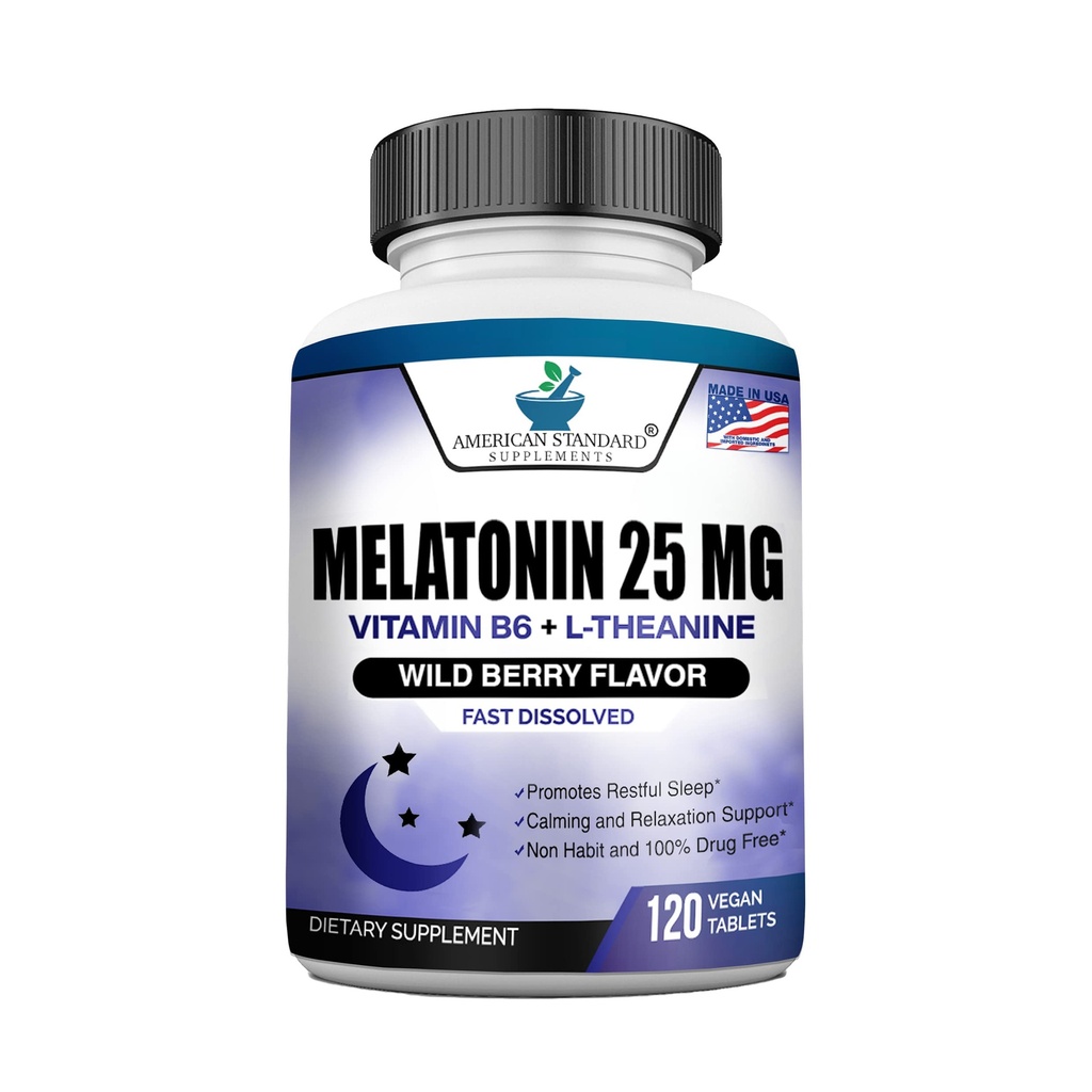 Melatonine 25mg par comprimé, 120 comprimés à croquer avec L-Theanine et vitamine B-6, soutient le cycle de sommeil sain, favorise le repos et le repos, végétalien, non OGM, fabriqué aux États-Unis