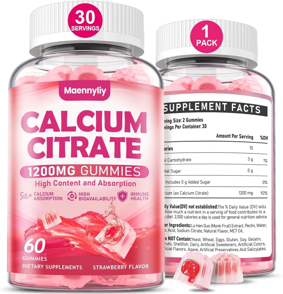 Calcium Citrate Gummies 1200 mg für Erwachsene: Ultimative Absorption Kalzium-Ergänzung für Damen und Herren - Einfach zu digest, Vegan, Non-GMO, Glutenfrei - Natürliche Erdbeer-Flamour