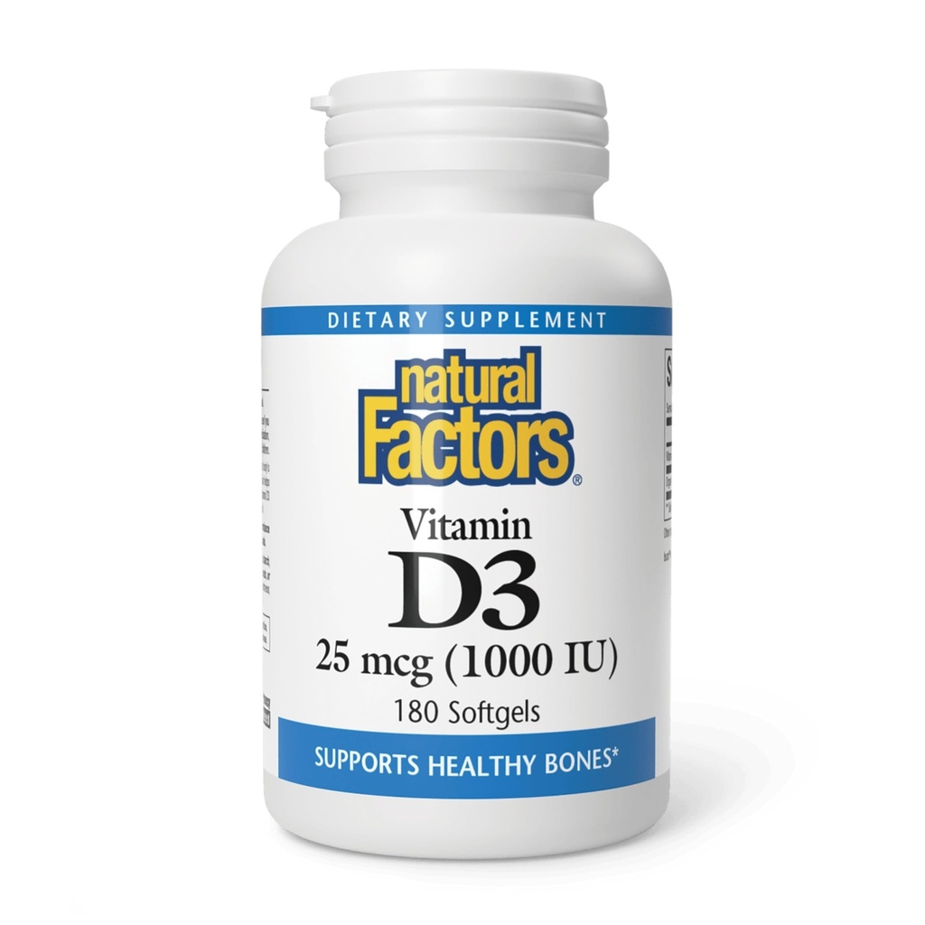 Facteurs naturels, vitamine D3 1000 UI (25 mcg), soutient les os forts, les muscles et la fonction immunitaire, 180 comprimés