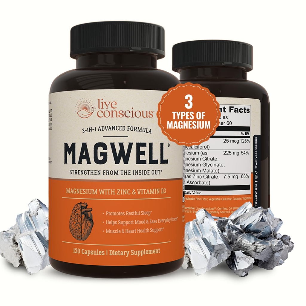 Magnésium et vitamine D3 - Magnésium Glycinate, Malate et Citrate - Supplément triple pour les femmes et les hommes - pour le sommeil, les os, le coeur, le soutien immunitaire - 120 capsules