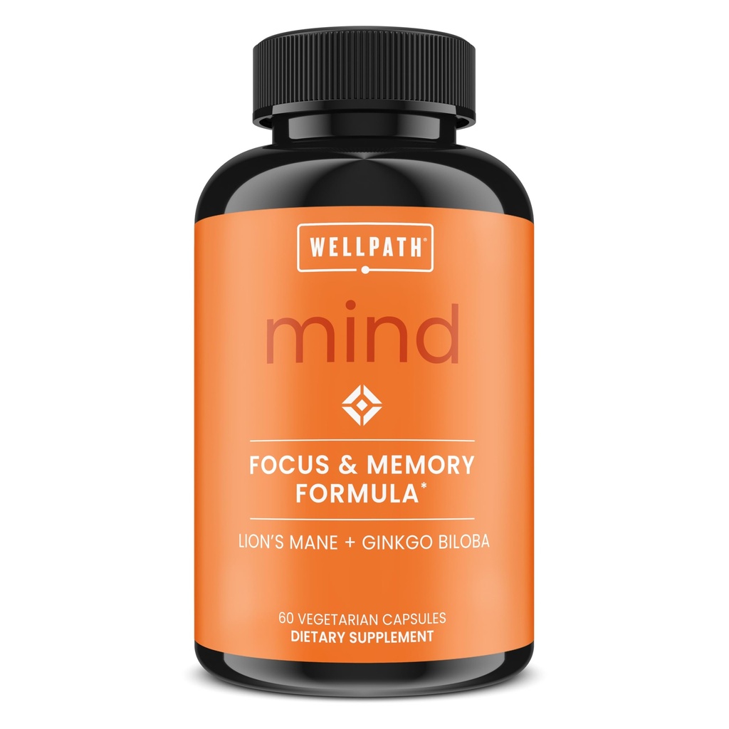 WellPath Mind Brain Ergänzung für Gedächtnis und Fokus mit Lion's Mane | Ginkgo Biloba und L-Theanine für langfristige kognitive Unterstützung | Vegan, Non-GMO, 60 Ct