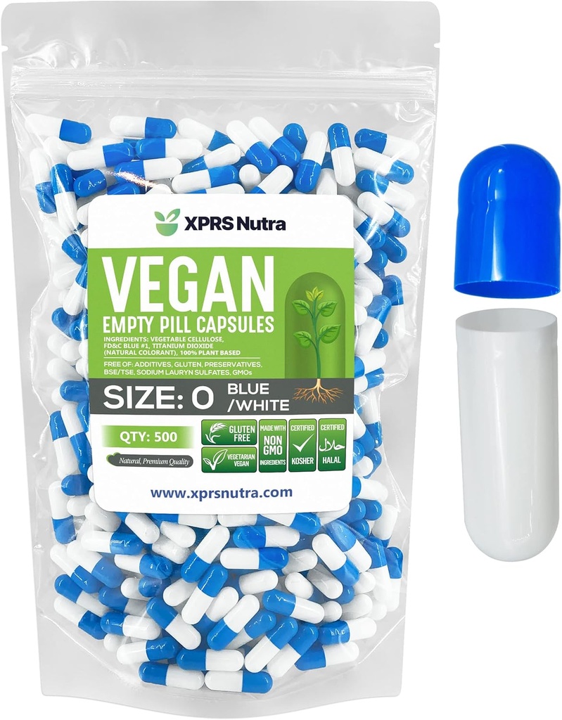 XPRS Nutra Größe 0 Leere Kapseln - 500 Graf Leere Vegan Kapseln - Vegetarische Pillen - DIY Gemüse Kapsel Füllung - Veggie Pillen Kapseln für Do-It-Yourself Ergänzungen (blau/weiß)