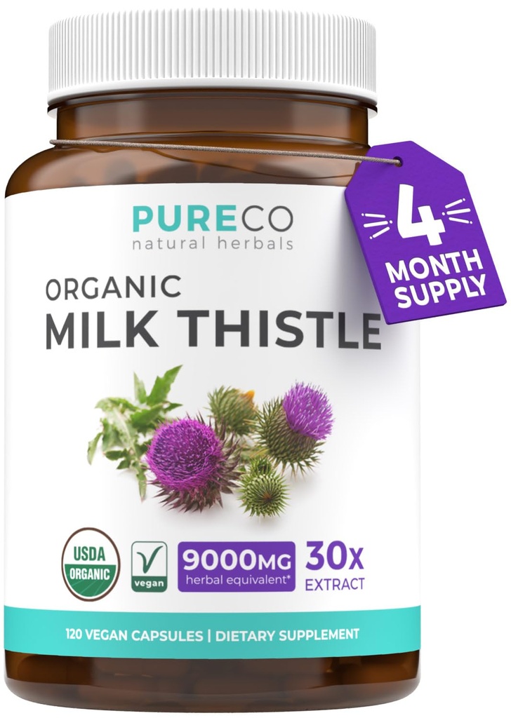 PURE CO USDA Capsules de chardon de lait biologique - 80% Silymarin Supplément pour le soutien du foie- Super concentré 300mg de 30:1 extrait de chardon de lait Détox 120 jours