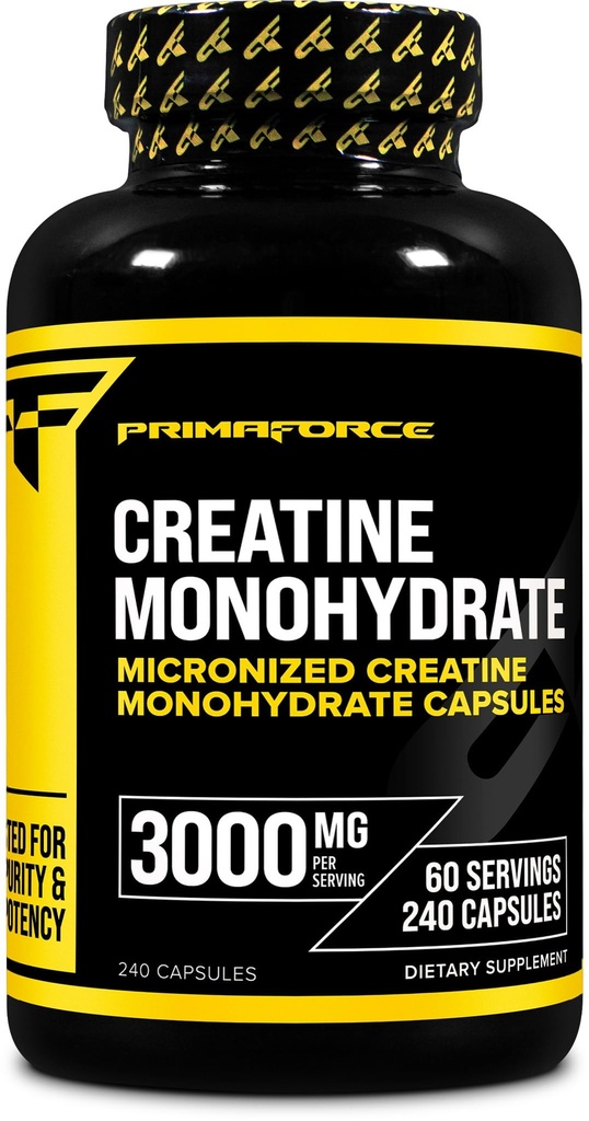 Primaforce Creatine Capsules monohydratées - 240 Capsules, 3000mg par portion, sans gluten et sans OGM