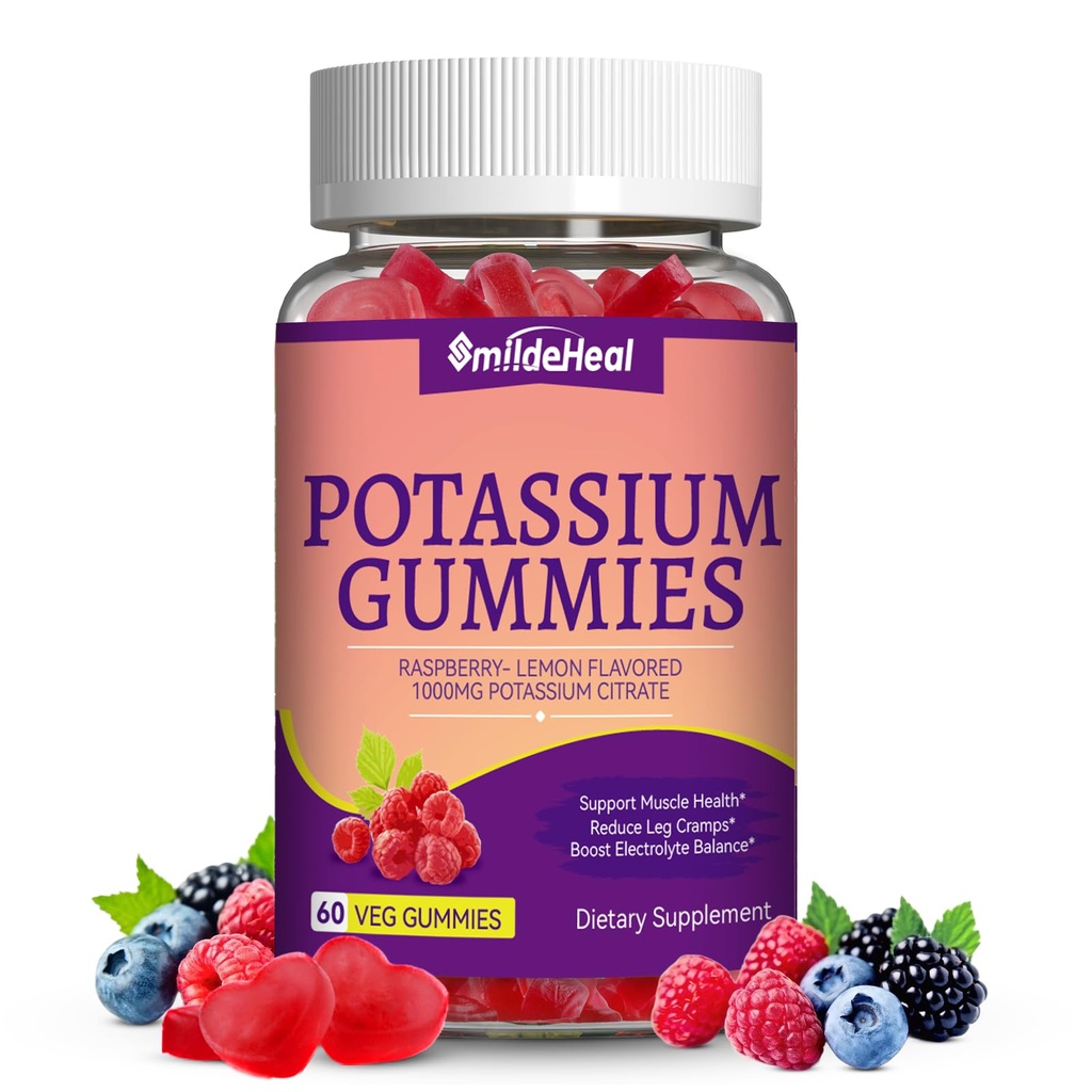 Kalium-Gummi-Gummi-Ergänzung 1000mg für Erwachsene, Unterstützung Leg Cramps & Muskel-Gesundheit für Frauen & Männer - Sugar-Free,Vegan,60 Count