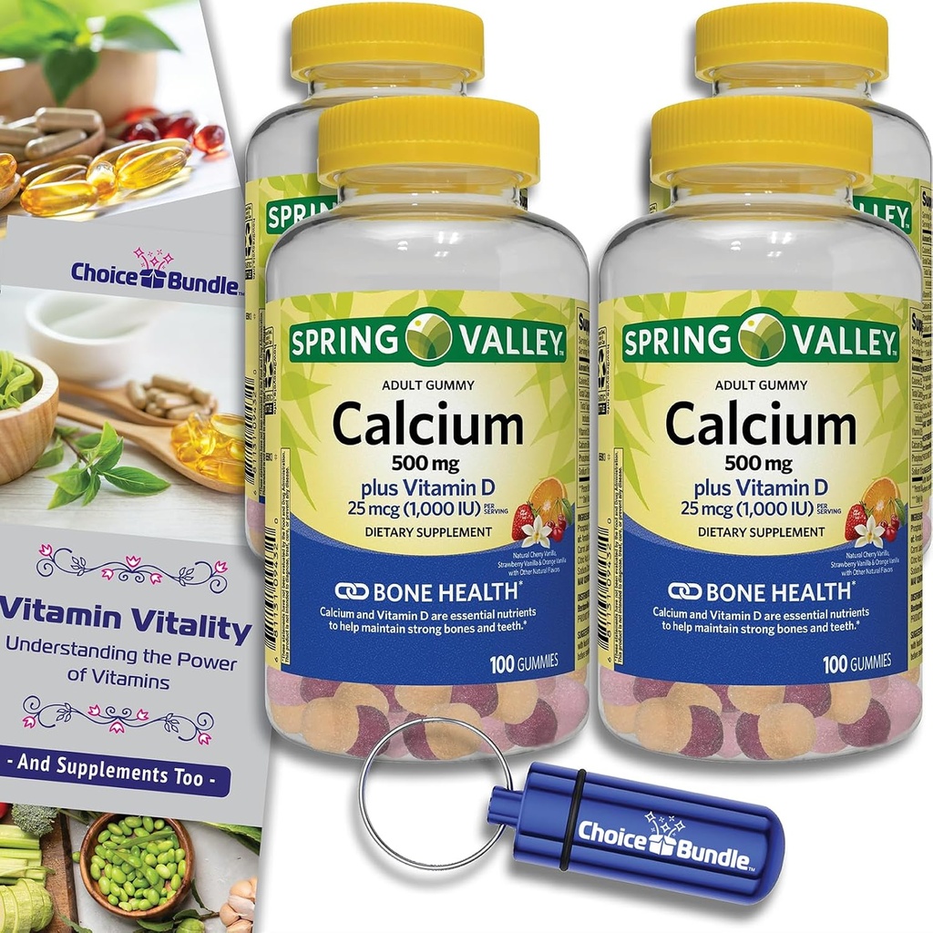 Wählen Sie Bundle Spring Valley Kalzium 500 mg Plus Vitamin D 25 mcg Knochengesundheit Nahrungsergänzungsgummis, 100 Ct 4 pk (400 Gesamt) + Vitamin Guide and Pill Container (6 Artikel)!