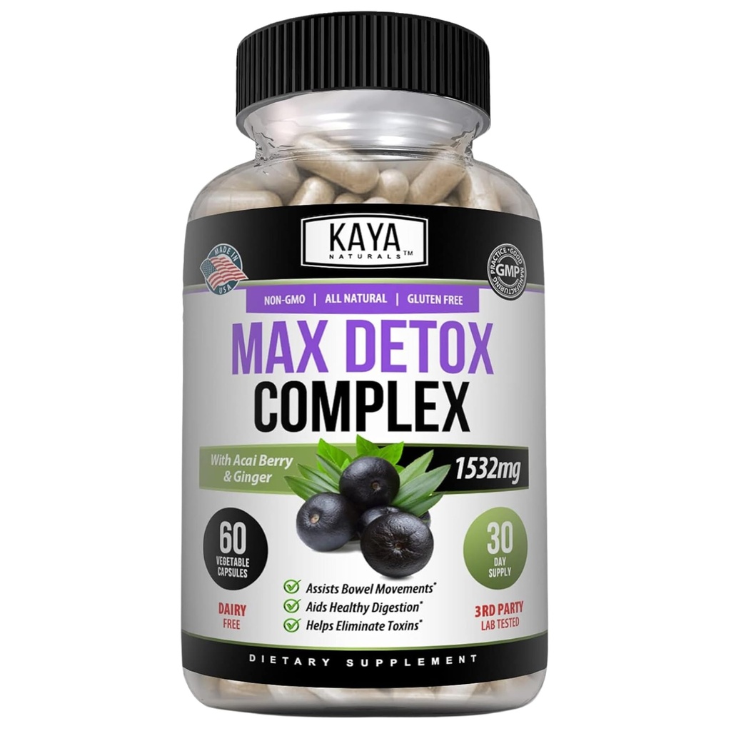 Kaya Naturals Max Detox Kräuterergänzung - Natürliche Inhaltsstoffe 1532 mg - Psyllium Powder, Acai Berry Extract, Ginger Root 60 Count